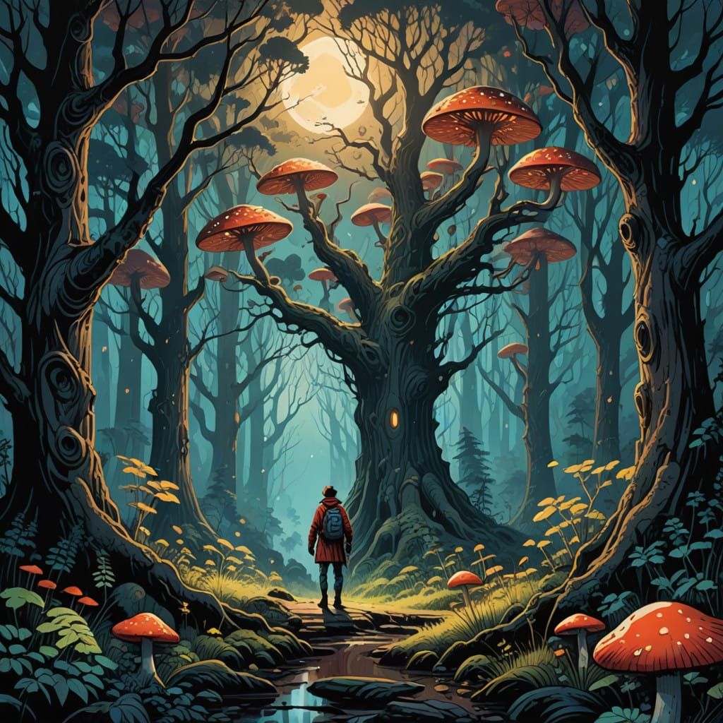 Heroic Figure in a Moonlit Mystical Forest Scene