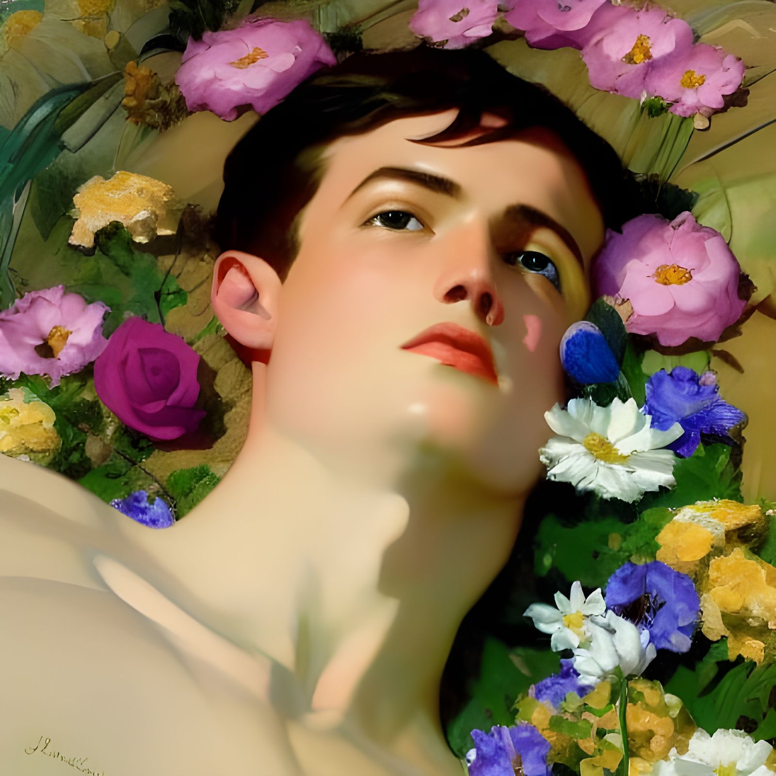 Romantic Figure in Flowerbed, Leyendecker Style
