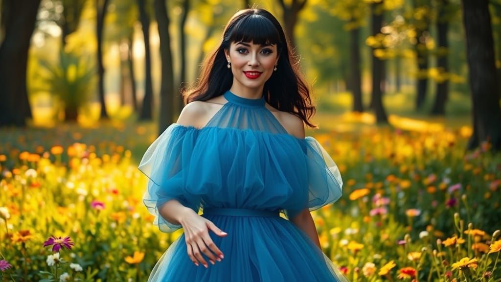 Glamorous 1950s Woman in Forest Meadow