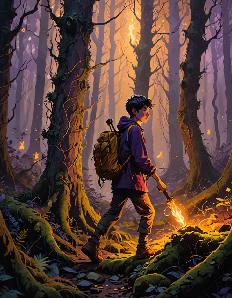 Boy with Torch in Forest: Fantasy Concept Art
