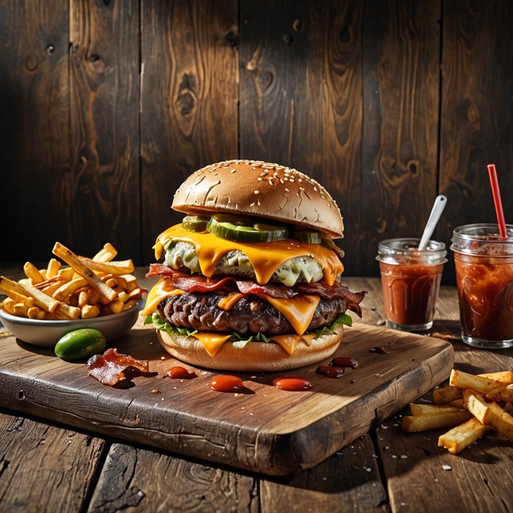 Hyperrealistic Burger with Bacon and Fries