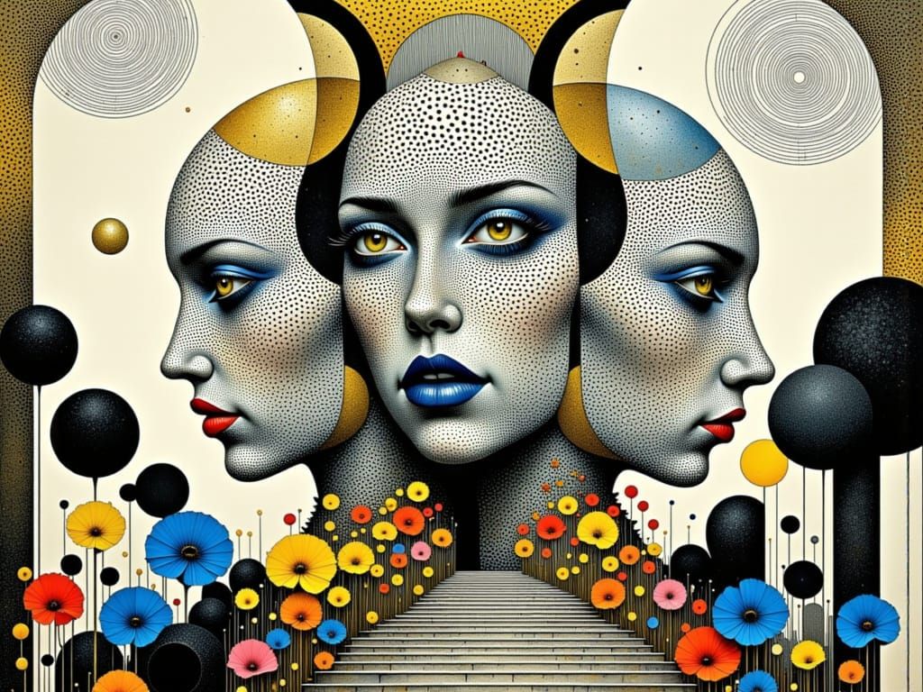 Surrealist Carnival Scene in Golden, Geometric Aesthetic