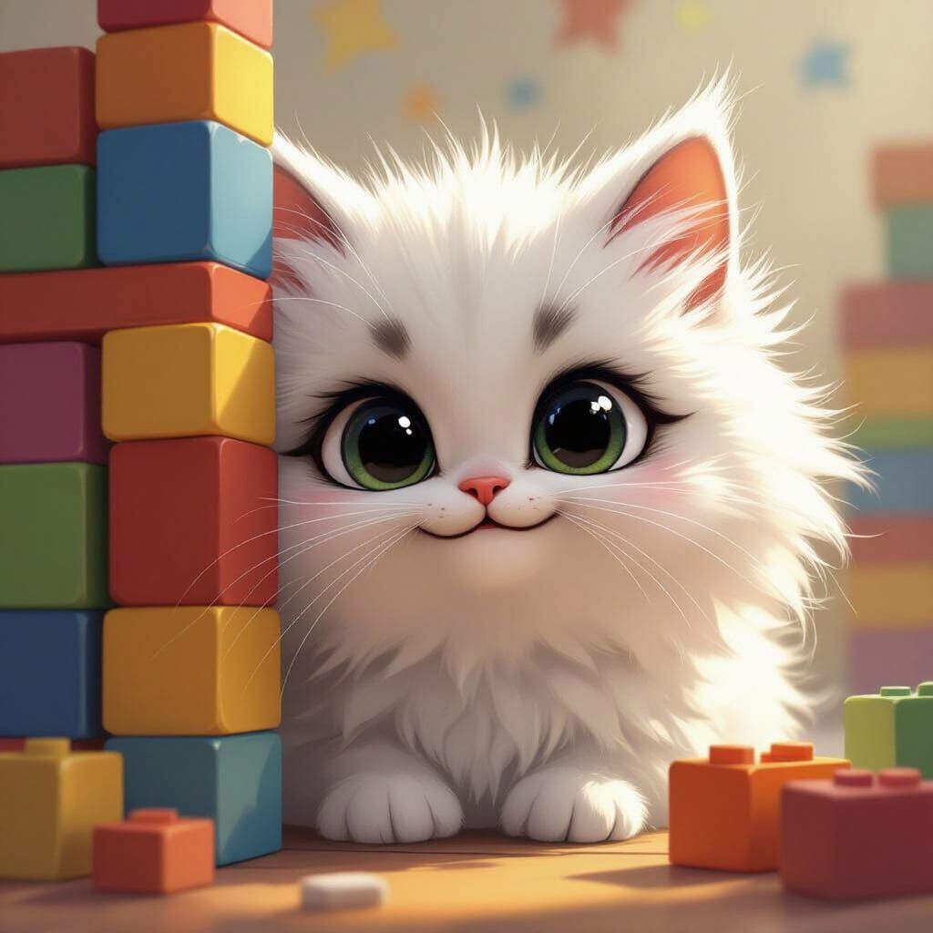 Fluffy White Cat with Void Eyes Peeking from Blocks