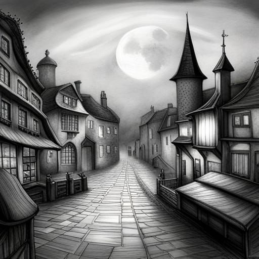 Fairytale Village Pencil Sketch Illustration
