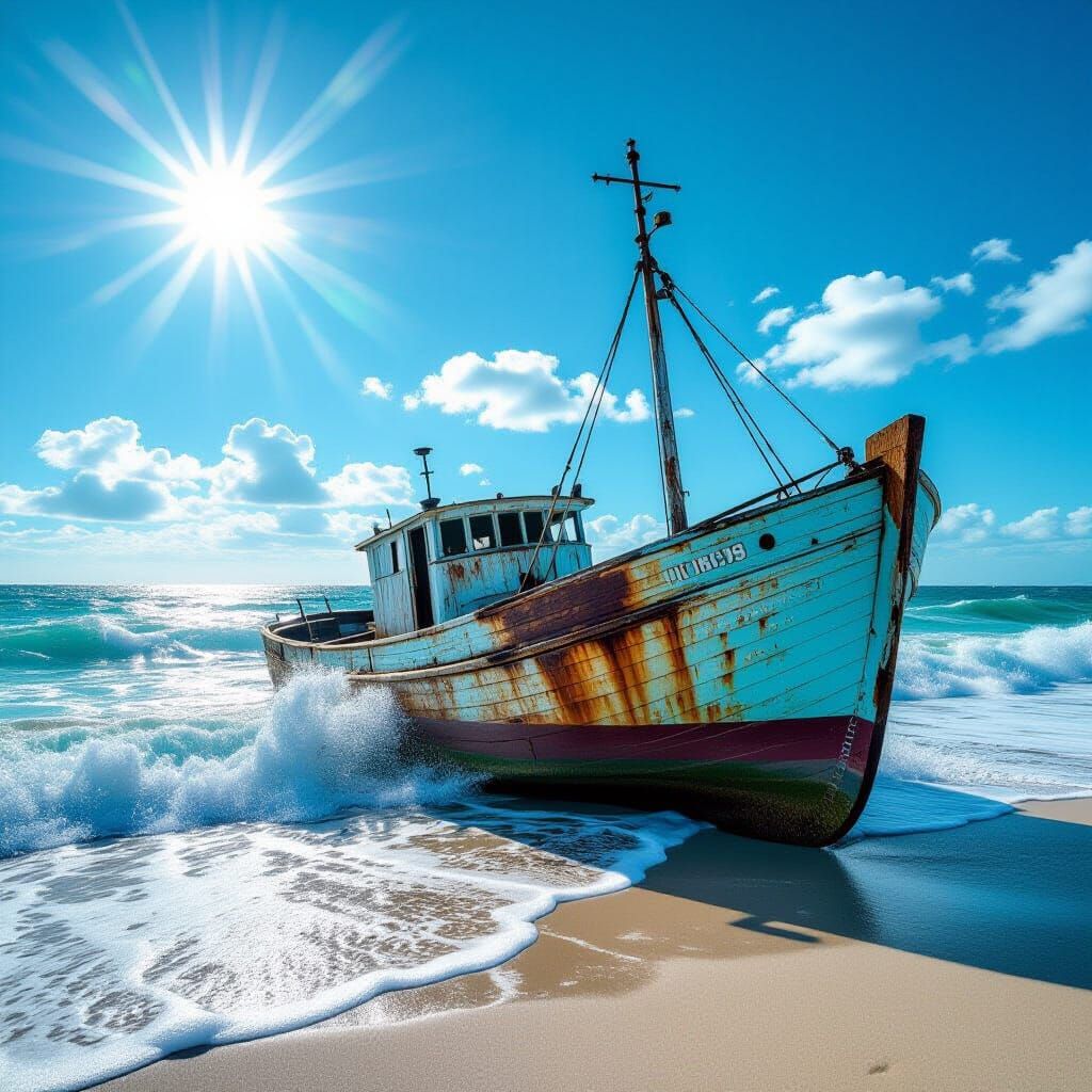 Abandoned Shipwreck on Spring Morning Shore