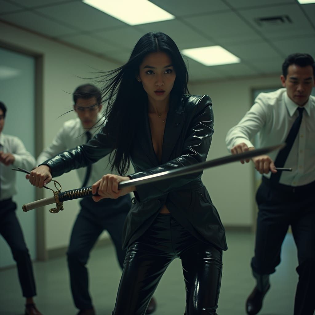 Sleek Japanese Warrior in High-Gloss Leather, Wielding Katan...