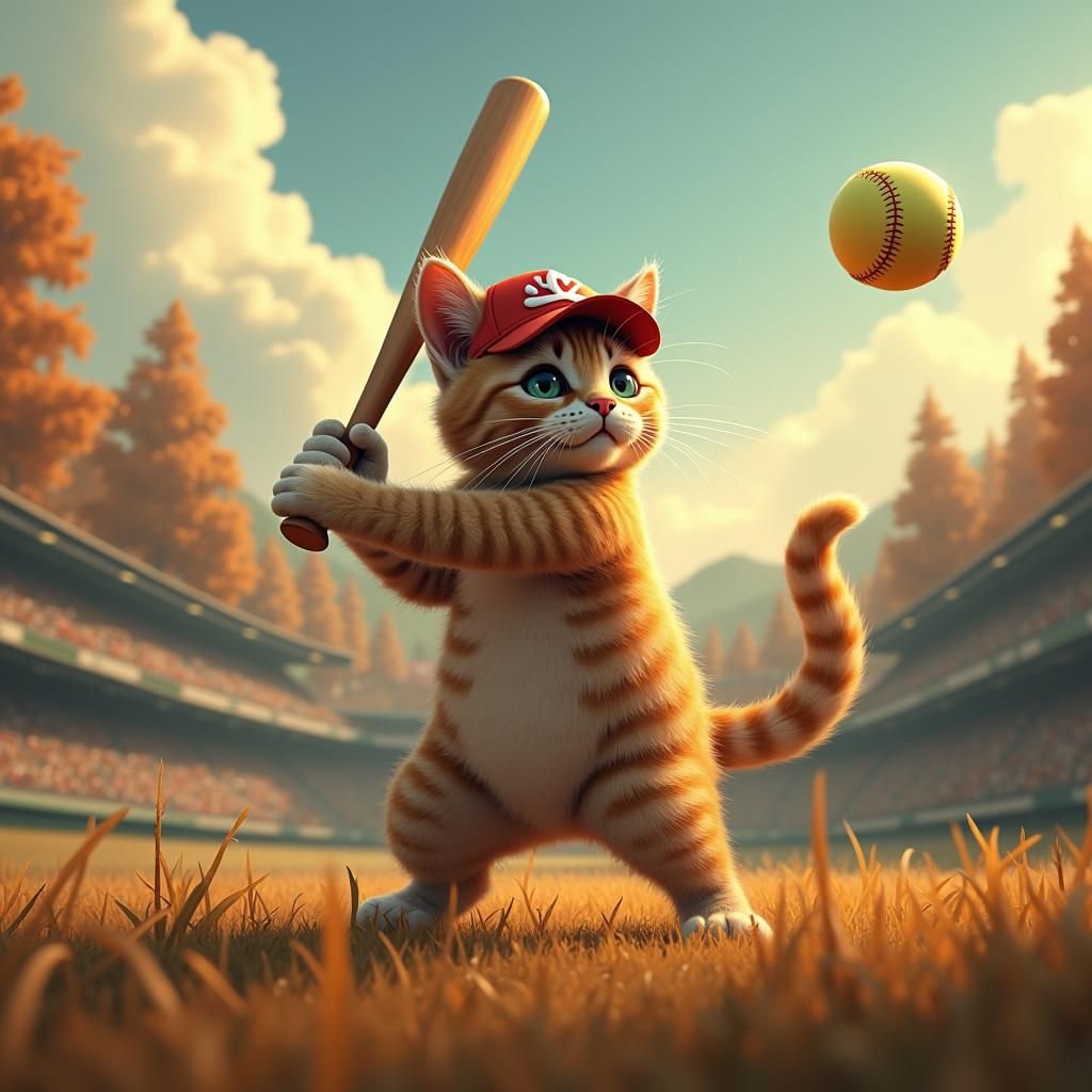 Majestic Cat Plays Baseball in Fantasy Stadium