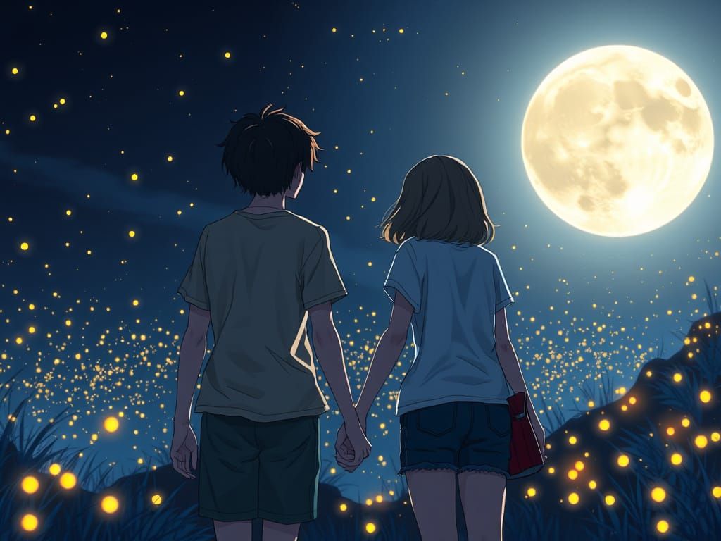 Teens Silhouetted by Moon with Fireflies in 4K