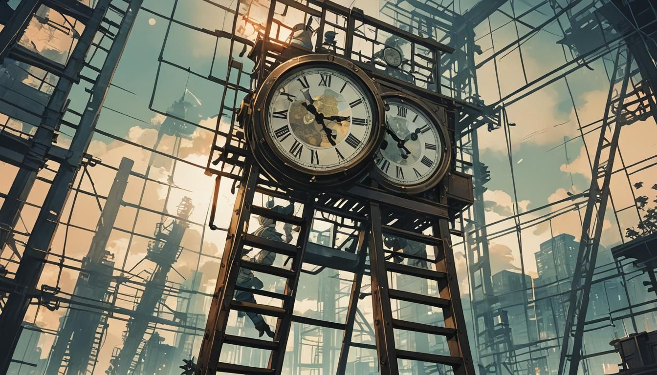 Double Exposure Clock and Ladder in Anime Style