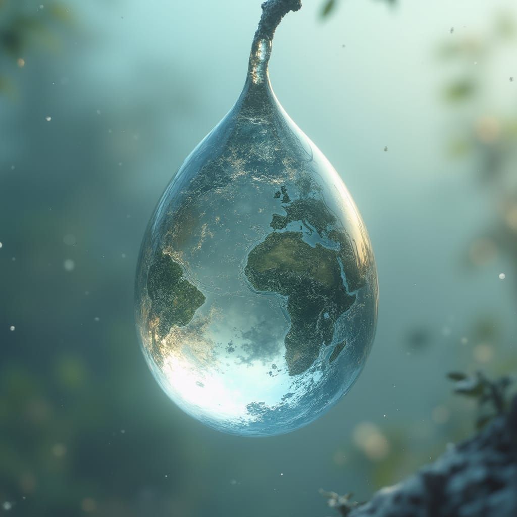 Earth Reflected in Water Droplet in a Dreamlike Atmosphere