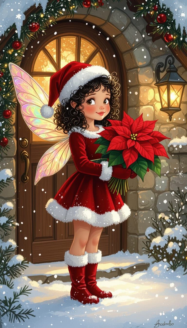 Whimsical Fairy in Santa Dress with Poinsettia