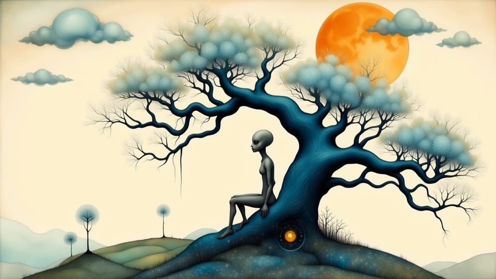 Alien Contemplates the Cosmos in Surreal Setting
