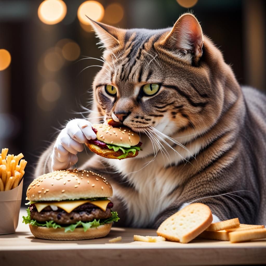 Fat Cat Enjoys a Hamburger: Professional Photography