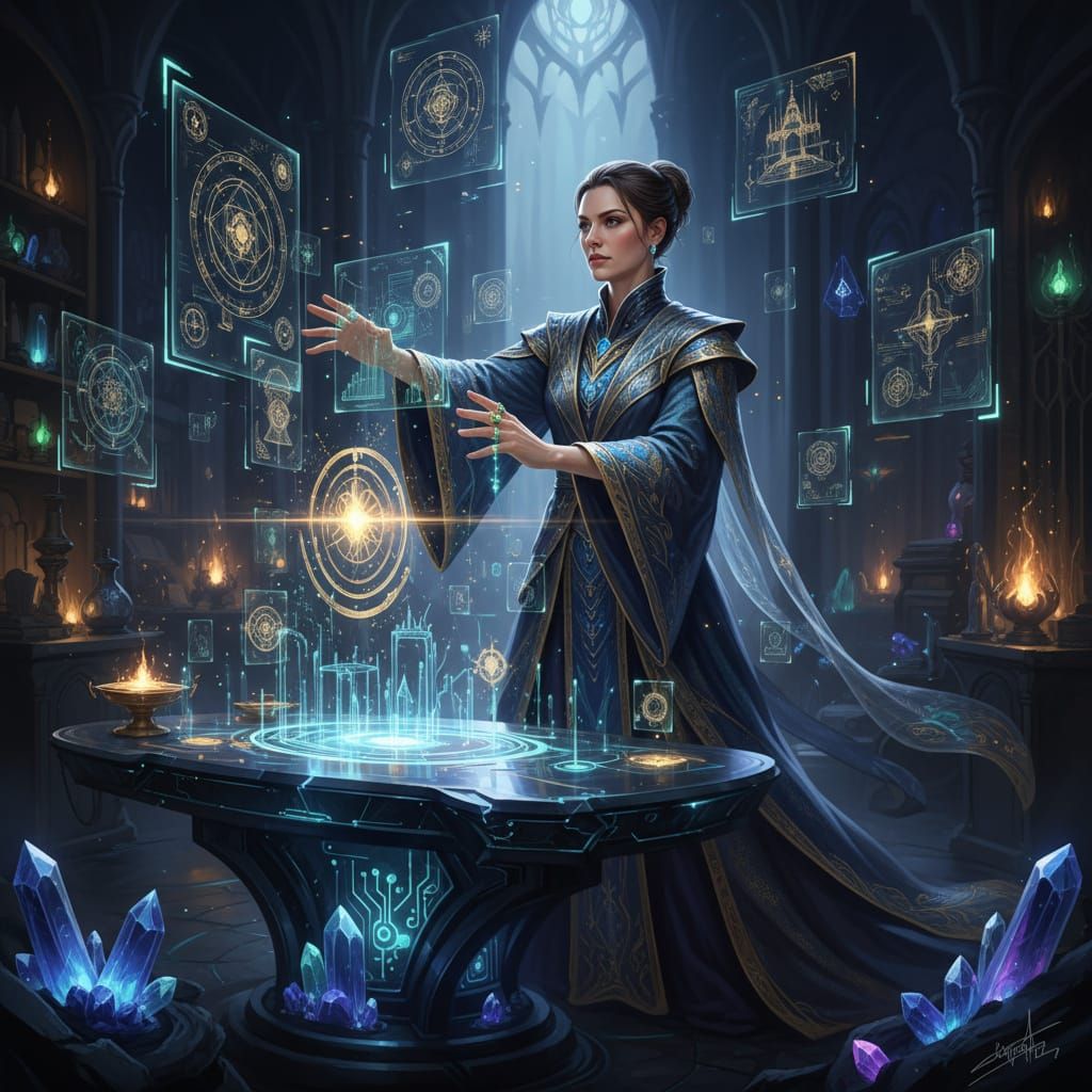 Futuristic Spell Architect Designs Magical Structures