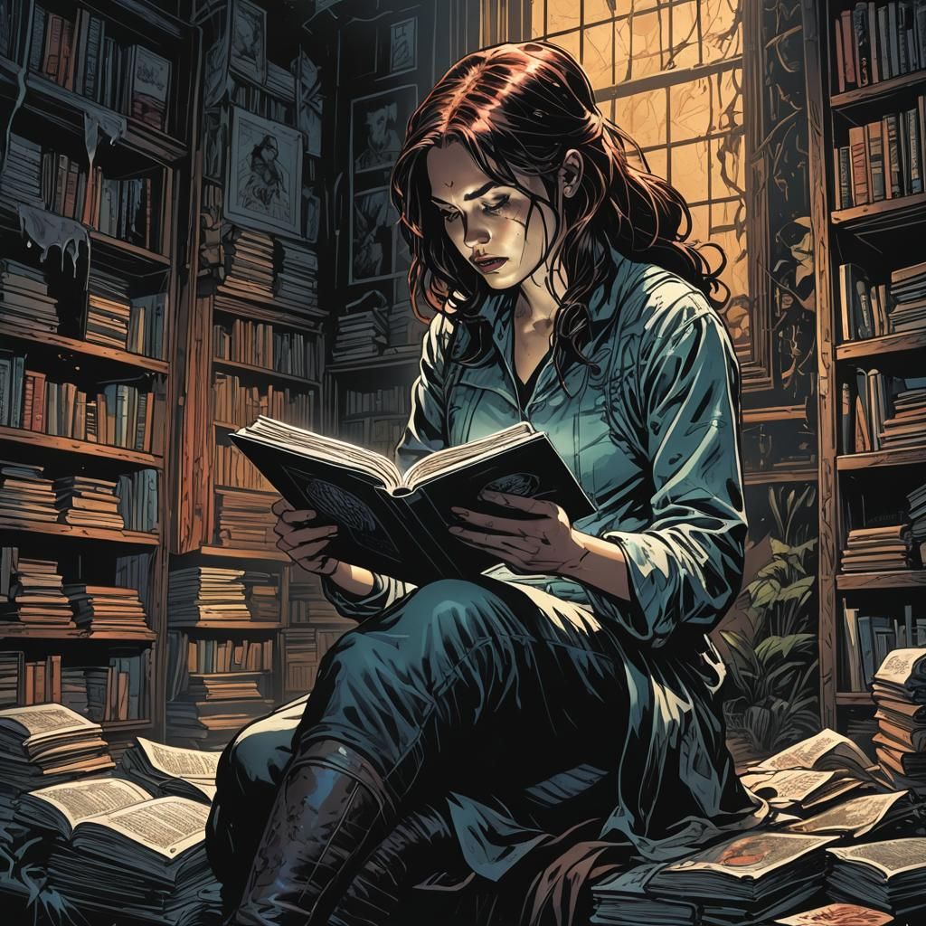 Woman Reading in Darkness, Comic Book Art