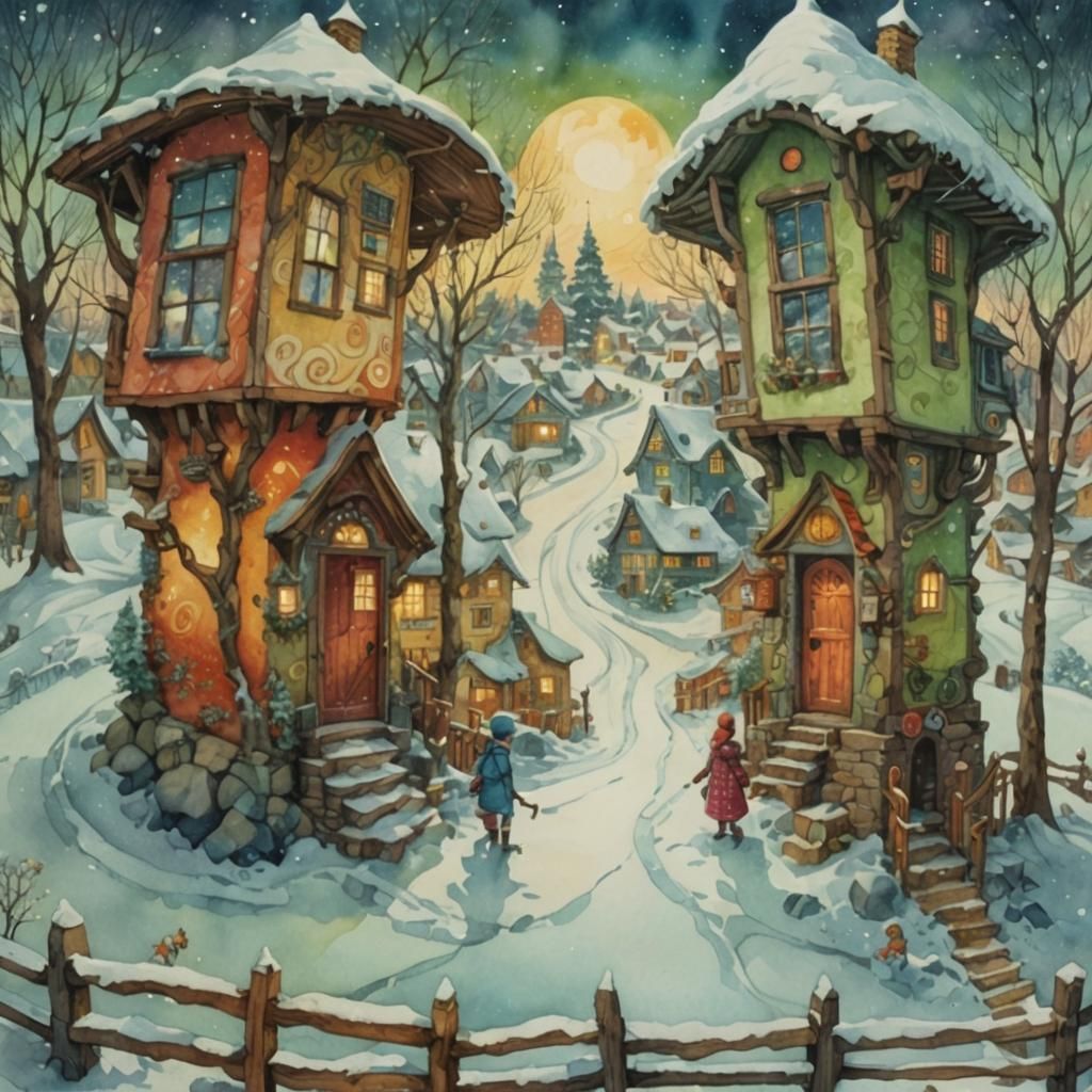 Neighbors Arguing in Winter Village Watercolor