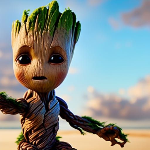 Baby Groot Plays on Sunset Beach