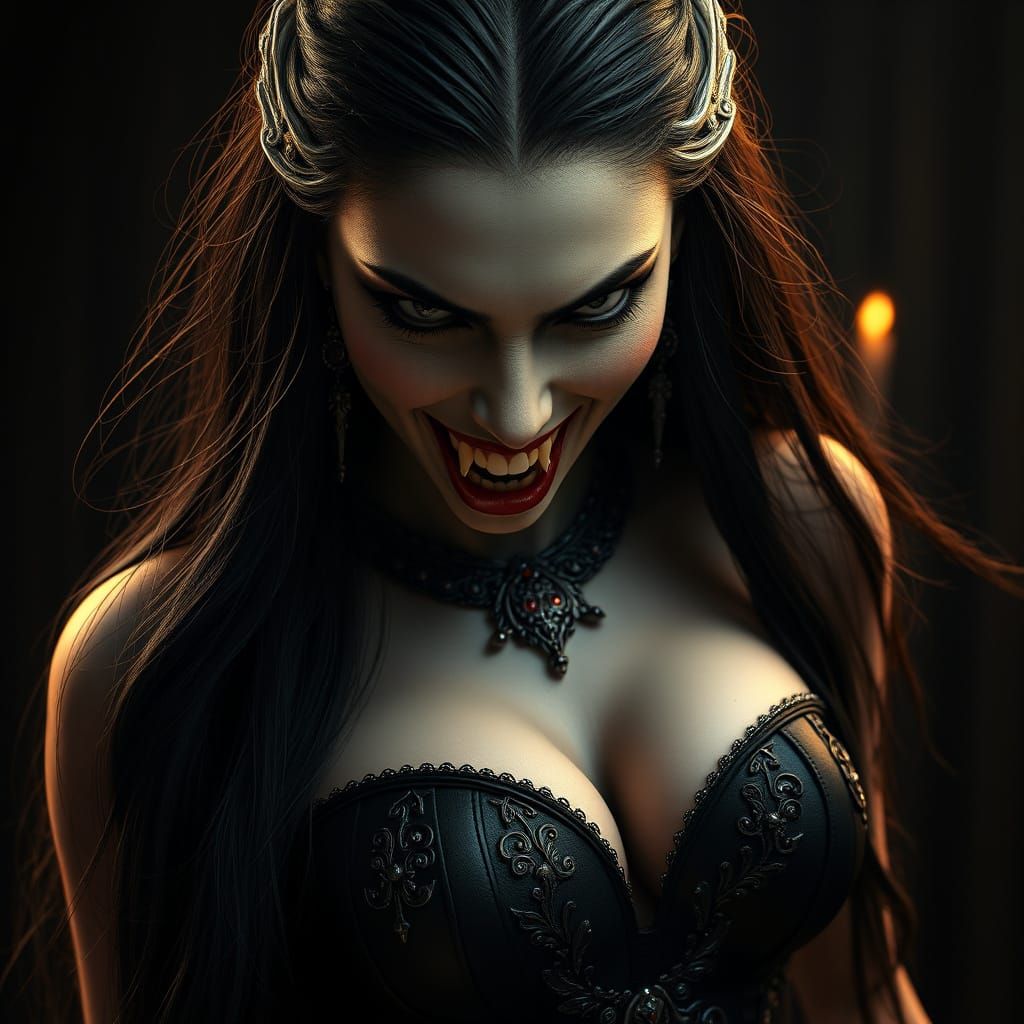 Supernatural Vampire Woman Exposes Razor-Sharp Fangs in Dark...