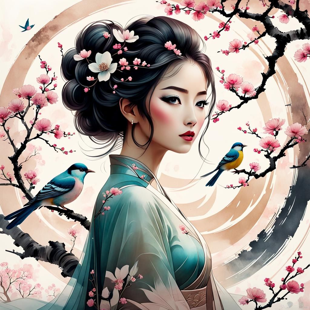 Goddess with Blossoms: Chinese Ink Painting Style
