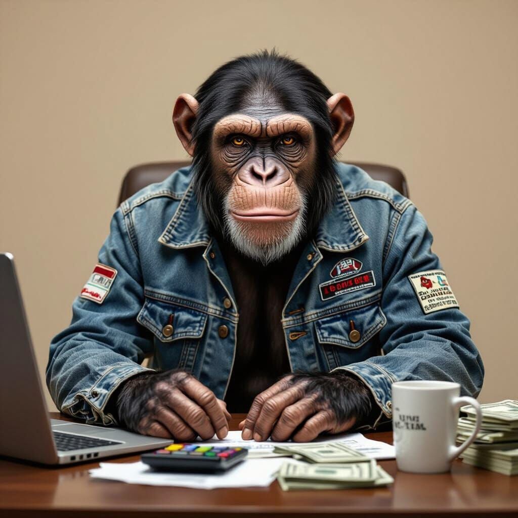 Chimpanzee in Denim Jacket at Office Desk
