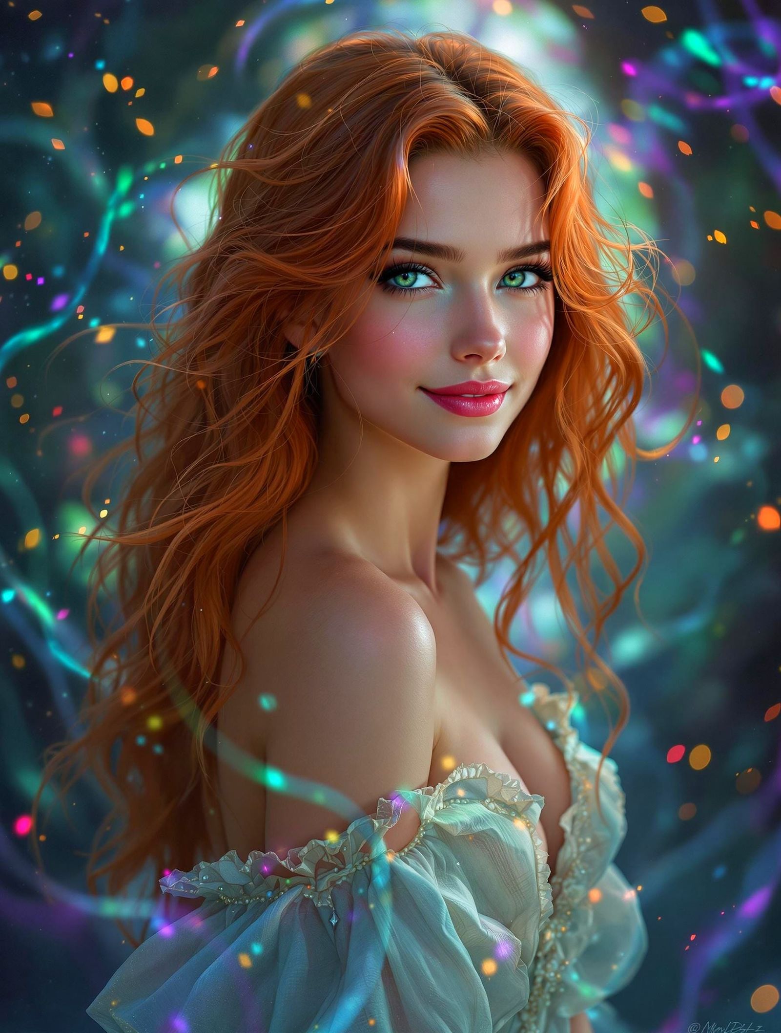 Fiery-Haired Muse Dances Under Starry Skies in Enchanted Rea...