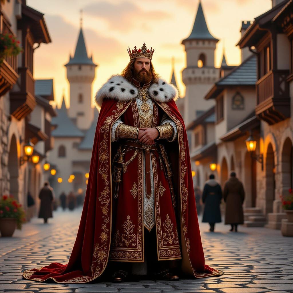 King in Medieval Town with Golden Lighting