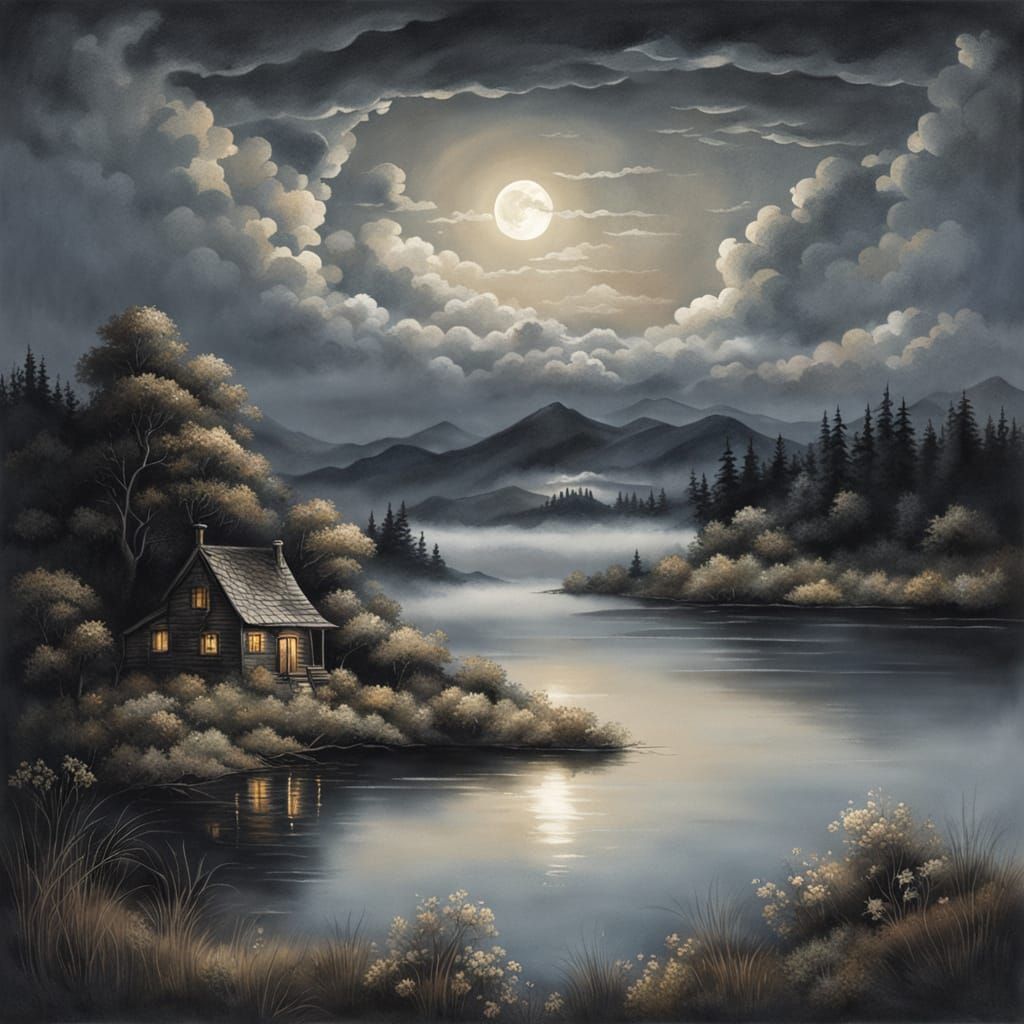 Tranquil Moonlit Lake Reflection with Mystical Mountains