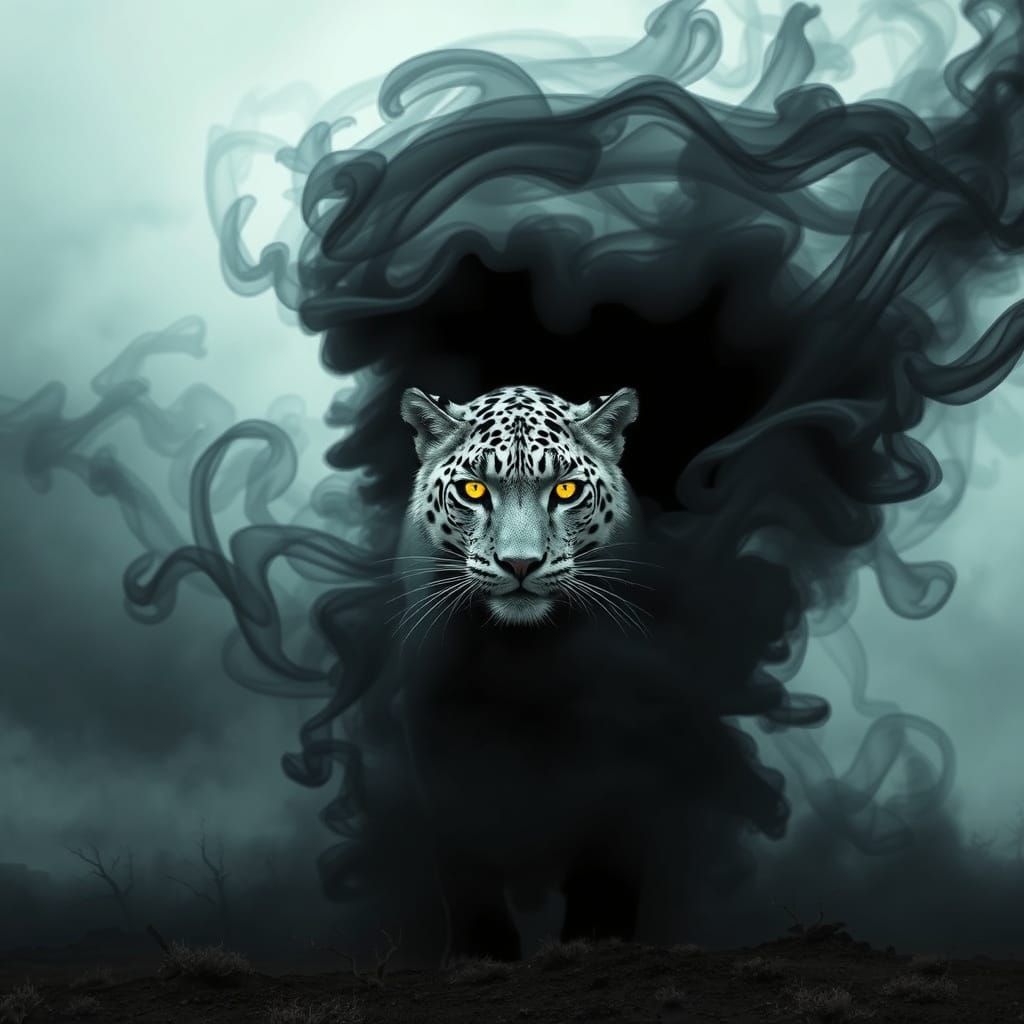 Ethereal Snow Leopard Emerges in Dark Surrealism