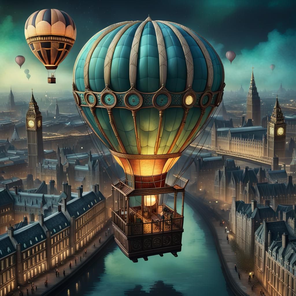 London Hot Air Balloon in Steampunk Dadaism Style