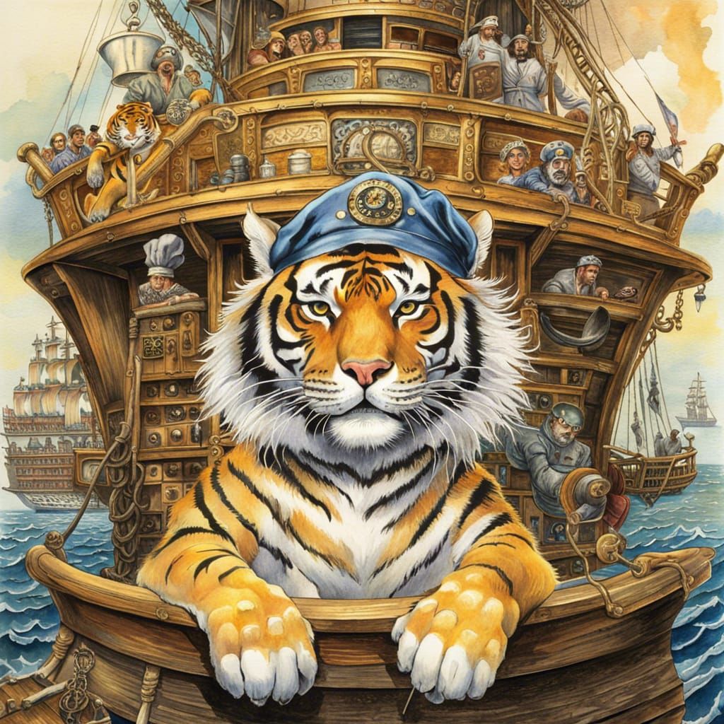 Tiger Chef on Pirate Ship in Colorful Watercolor