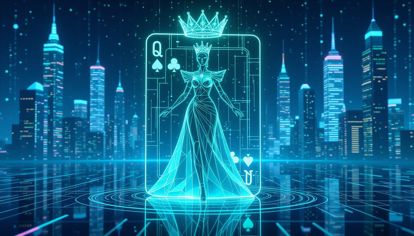 Cyberpunk Queen of Clubs Emerges from Holographic Card