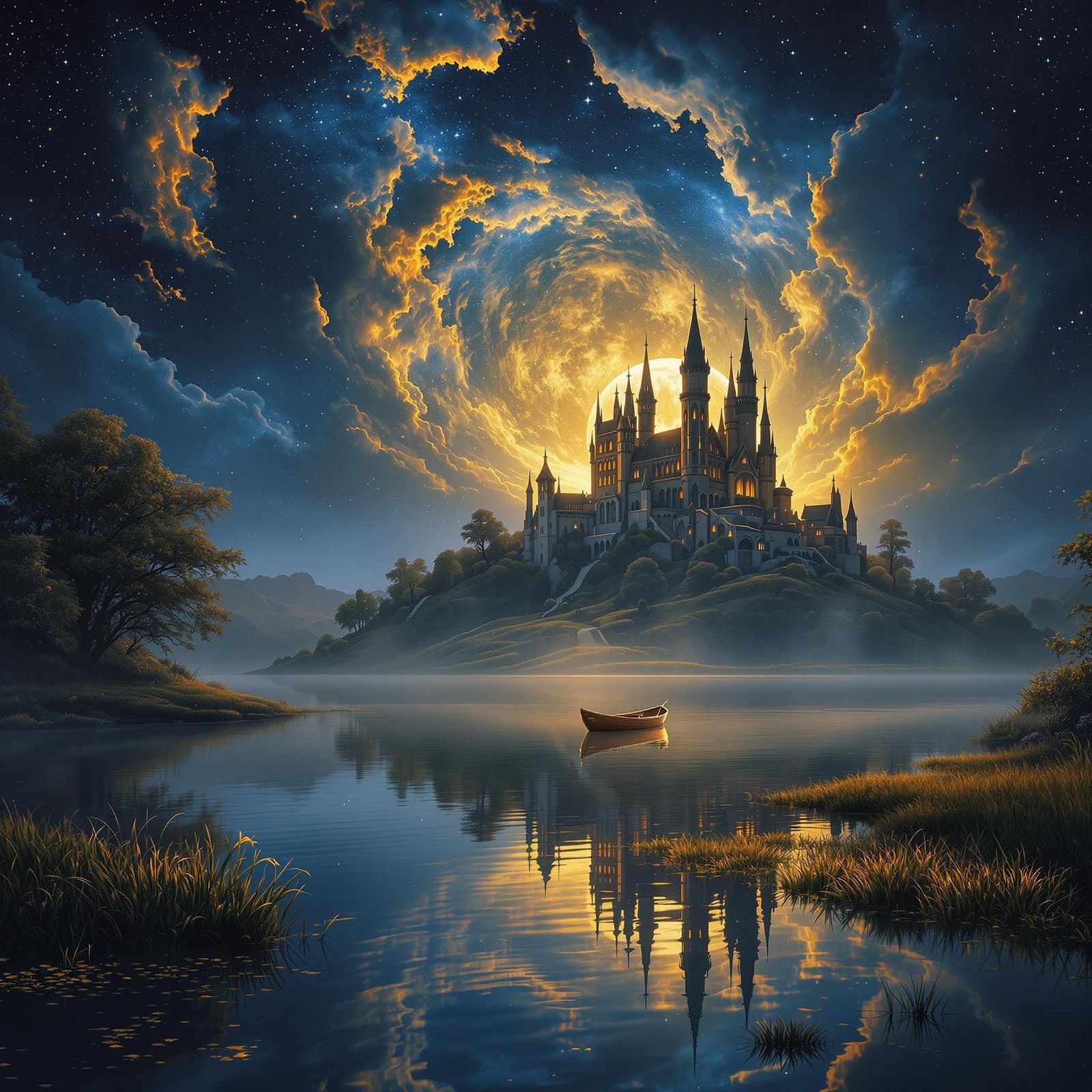 Golden Moonlit Castle by Serene Lake