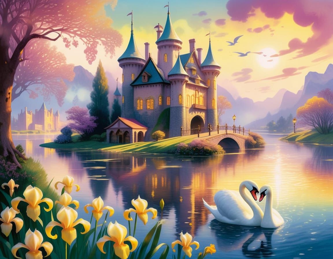 Yellow Irises, Swans, Golden Light: Watercolor Painting