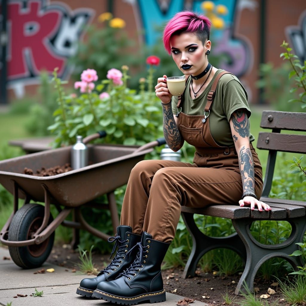 Punk Gardener in Urban Park with Graffiti Wall