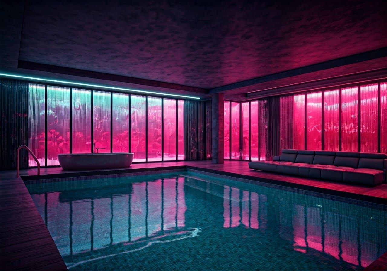 Luxurious Indoor Spa with Neon Pink and Teal Palette