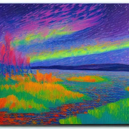 Taiga River Shimmers Under Northern Lights in Fauvism
