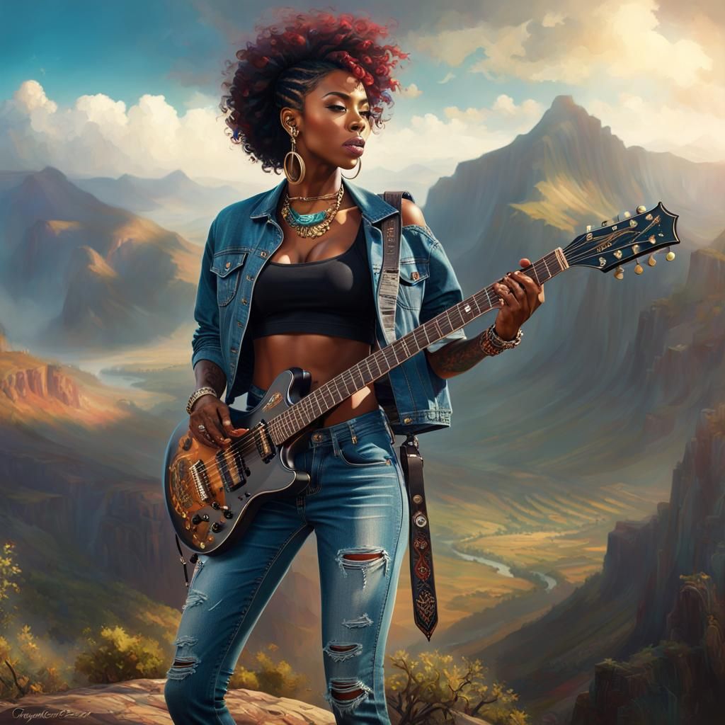 African Rockstar: Woman with Guitar on Mountain