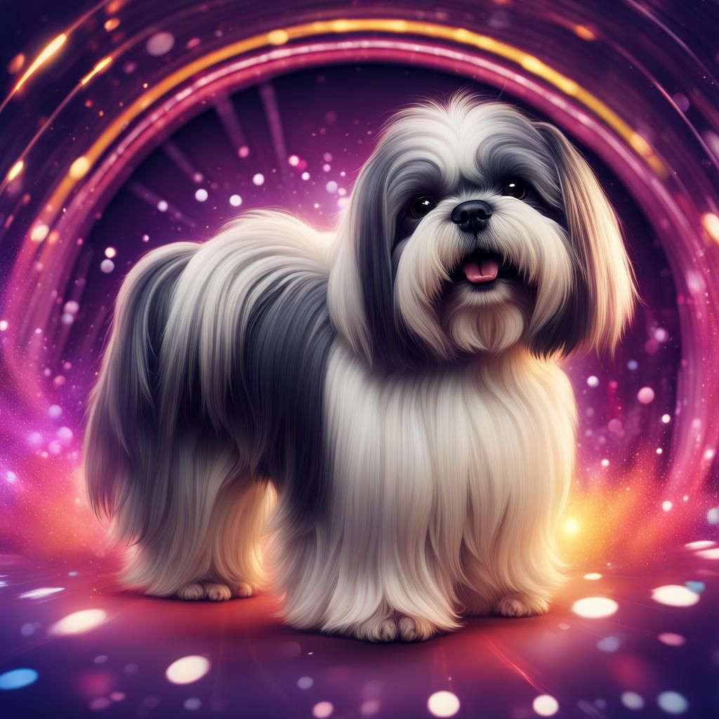 Retro-Futuristic Lhasa Apso Puppy in Disco Mirrorball