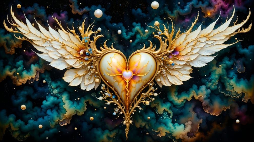Pearl Heart with Wings in Maximalist Style