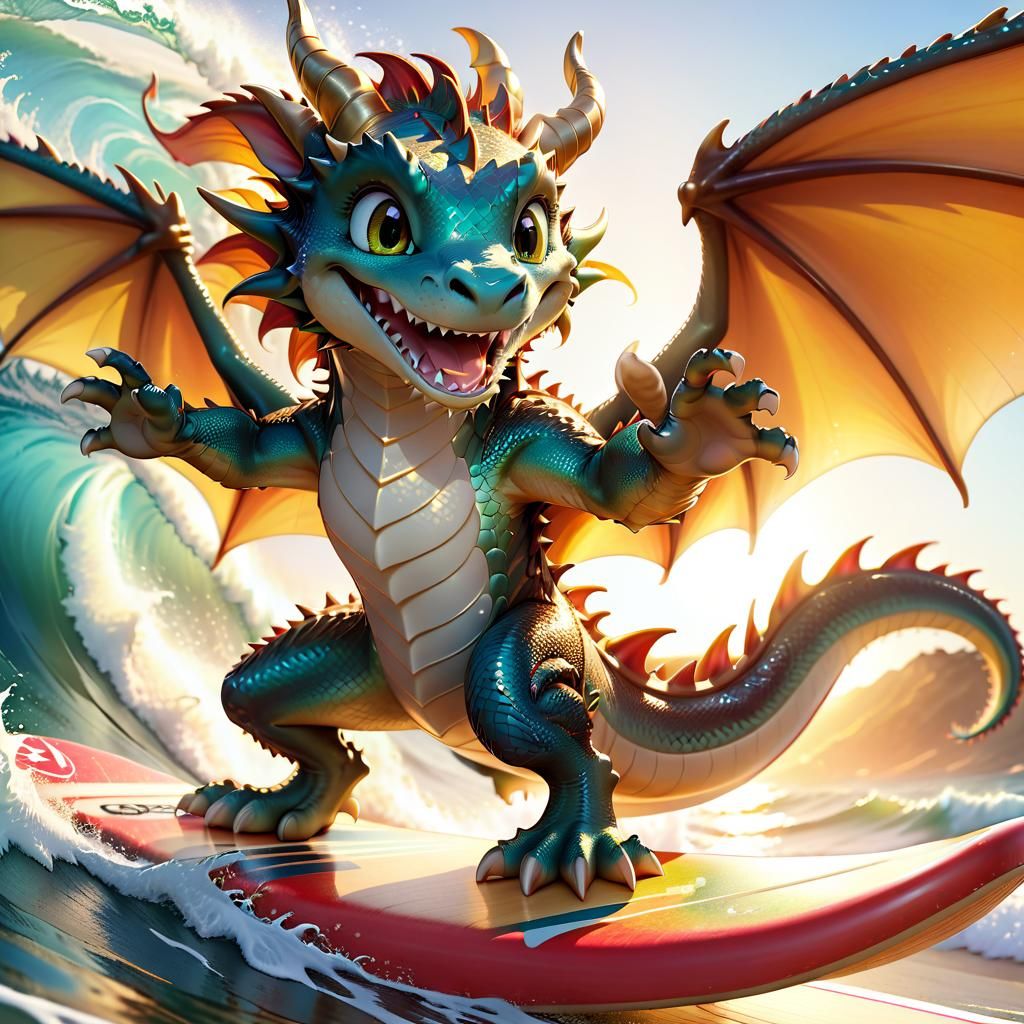 Anthropomorphic Dragon Surfing in Anime Style