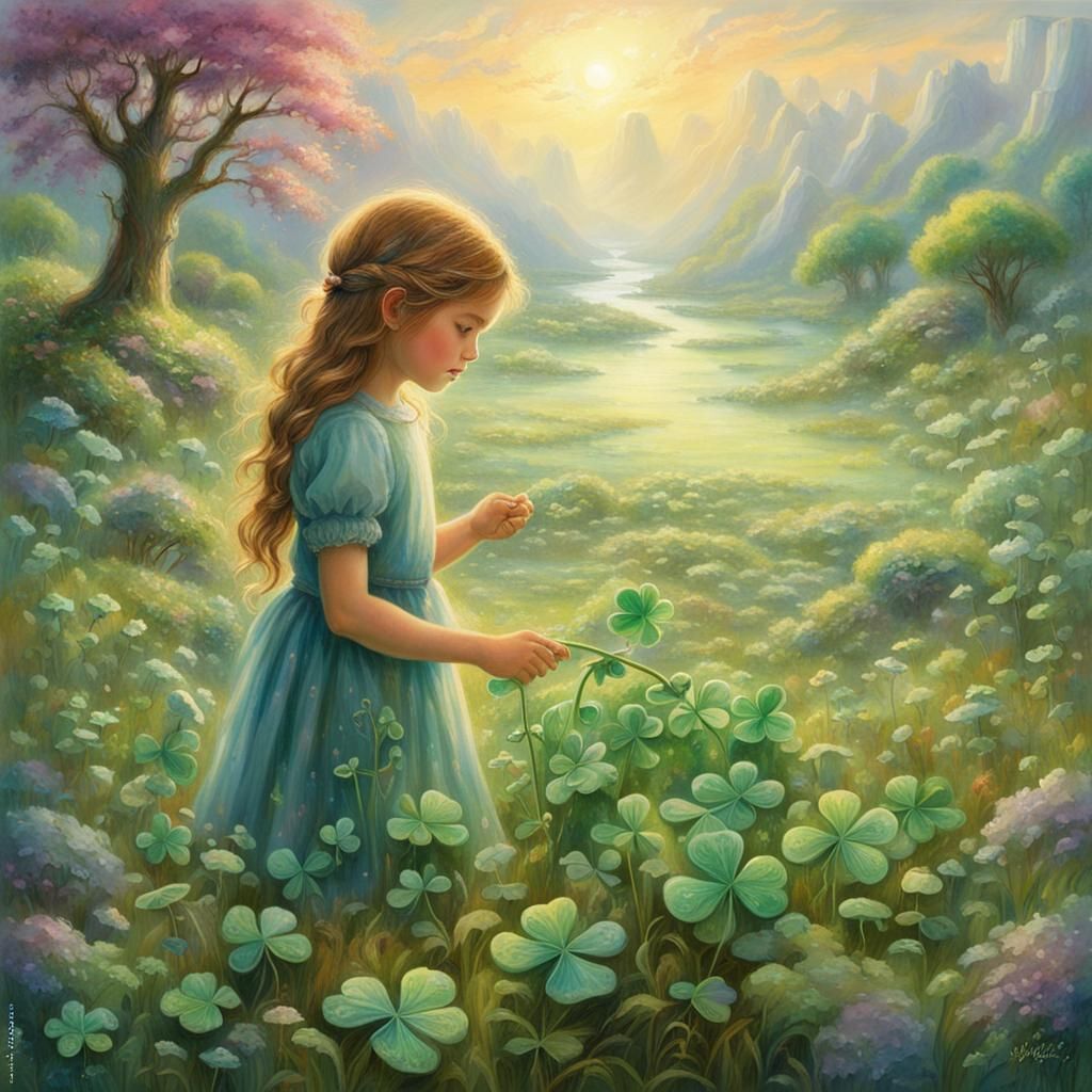 Ethereal Girl in Shamrock Meadow: Fantasy Art