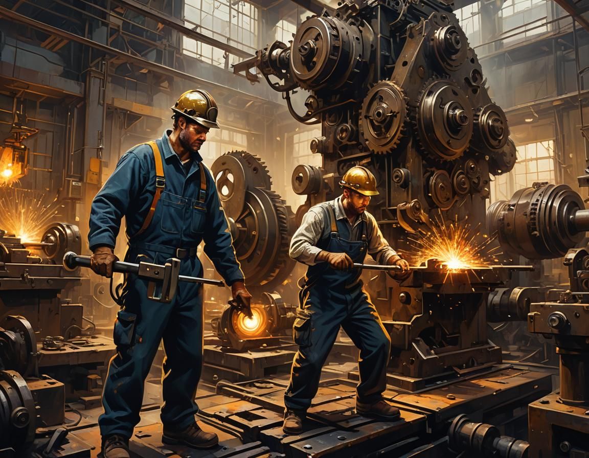 Industrial Factory Worker Balancing Gears as Oil Painting