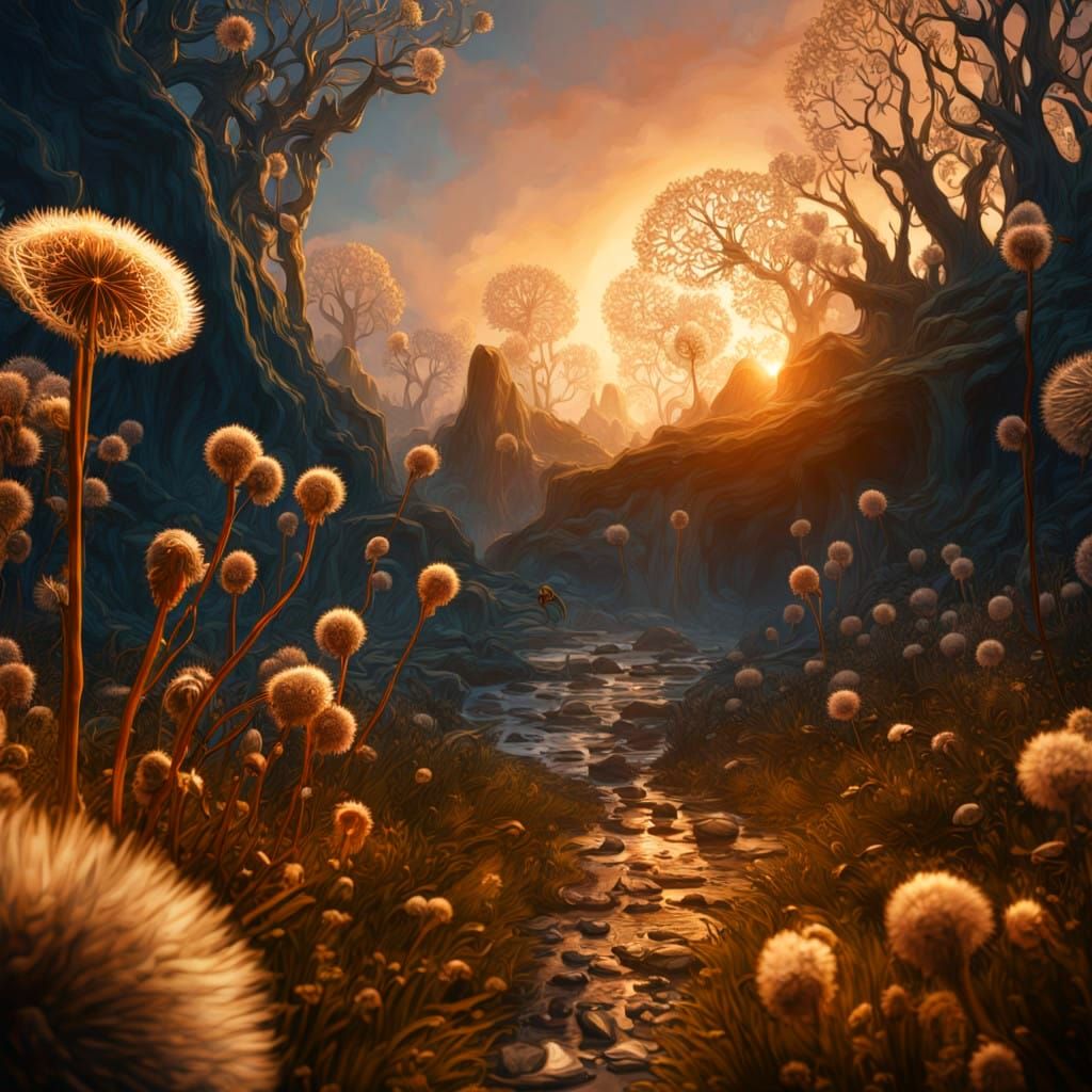Golden Hour Dandelion Sculpture in Whimsical Undergrowth