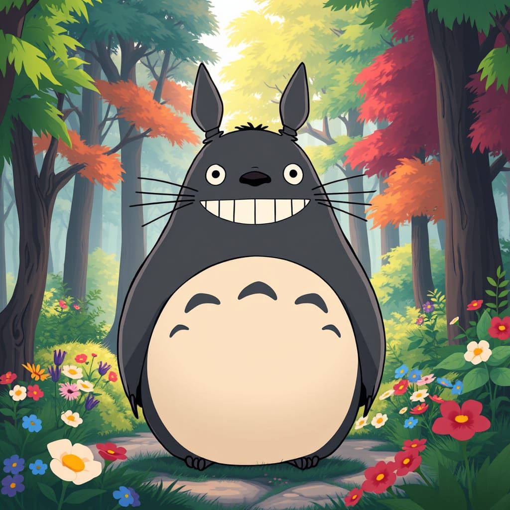 Totoro in a Serene Forest, Disney Cartoon Style