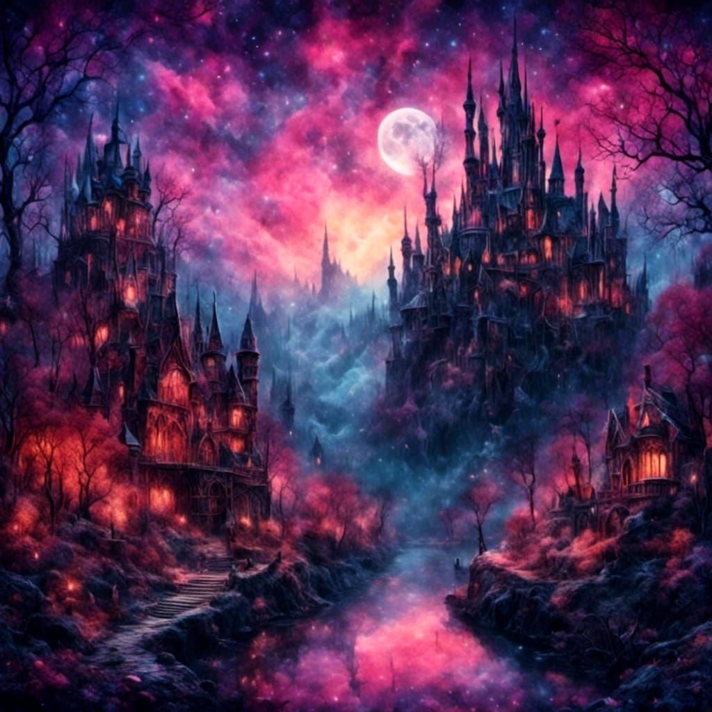 Gothic Twilight Wonderland Landscape in Watercolor Style