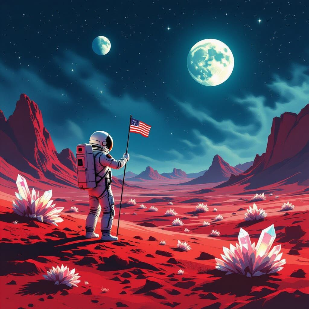 Astronaut Plants Flag on Crimson Planet Under Twin Moons