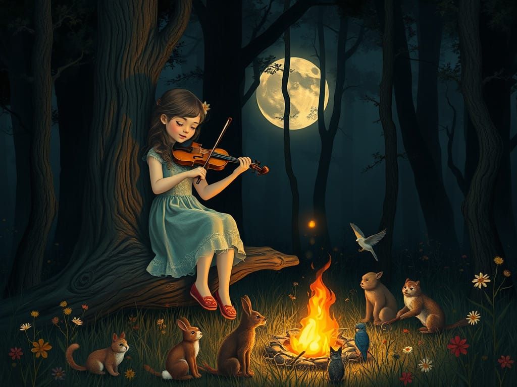 Whimsical Dark Forest Scene with Violinist