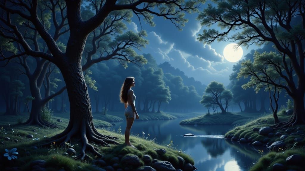 She watches a pale blue moon