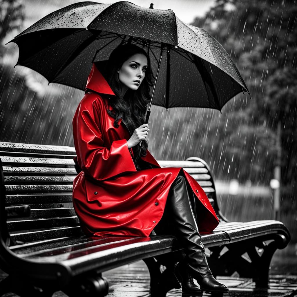 Monochrome Woman in Red Raincoat Splash Art