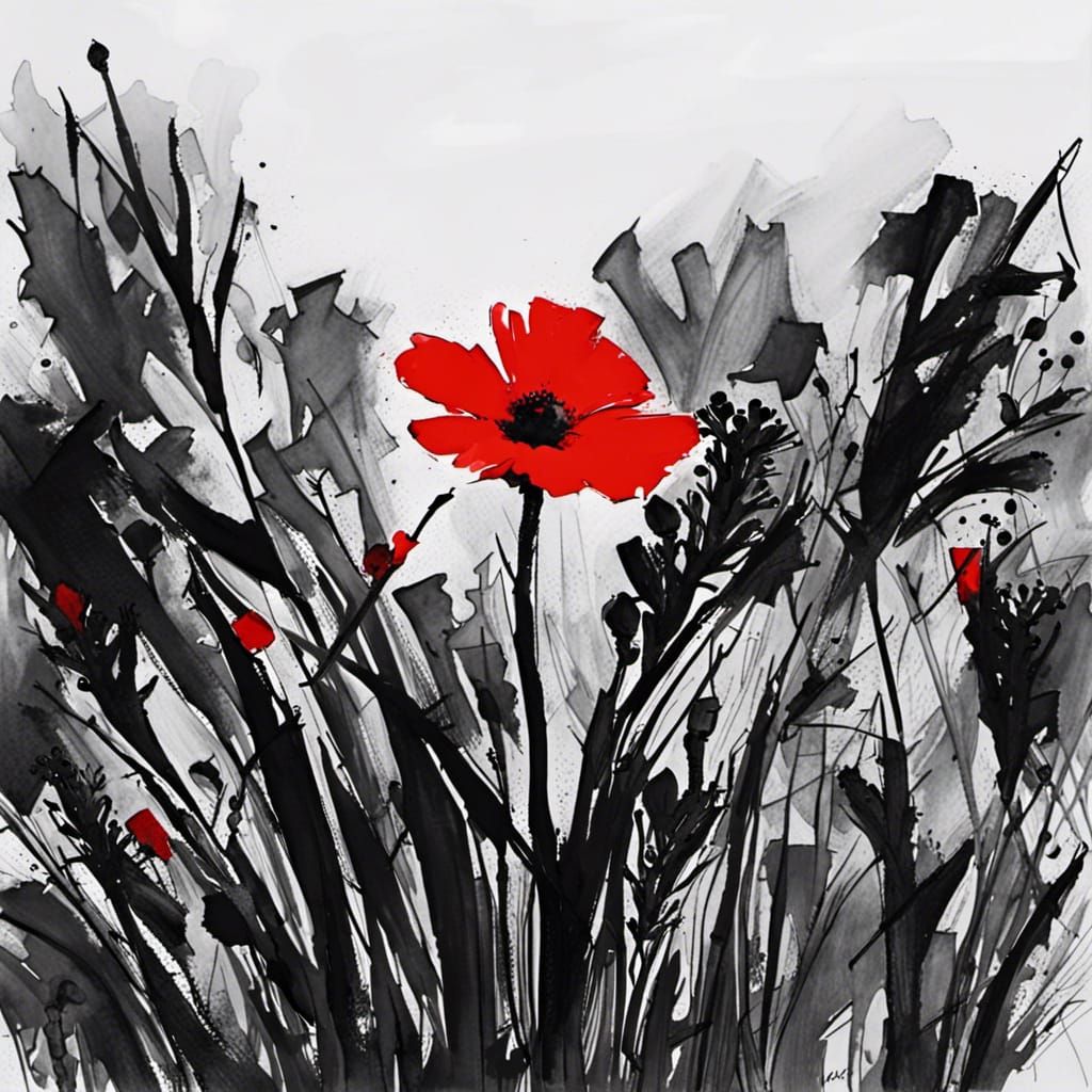 Monochrome Wildflowers with Selective Red Color, Splash Art